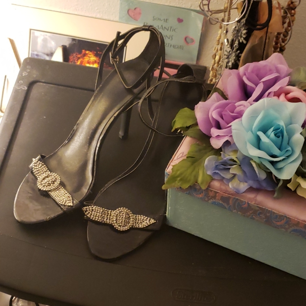 Cute Black Open toe Rhinestone heels